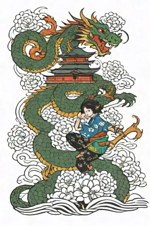 Japanese flowers, pagoda temple, dragon, samurai, pretty girl  tattoo design idea