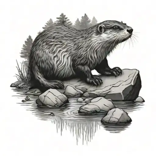 black and grey tattoo of otter with trees and rocks and water tattoo design idea