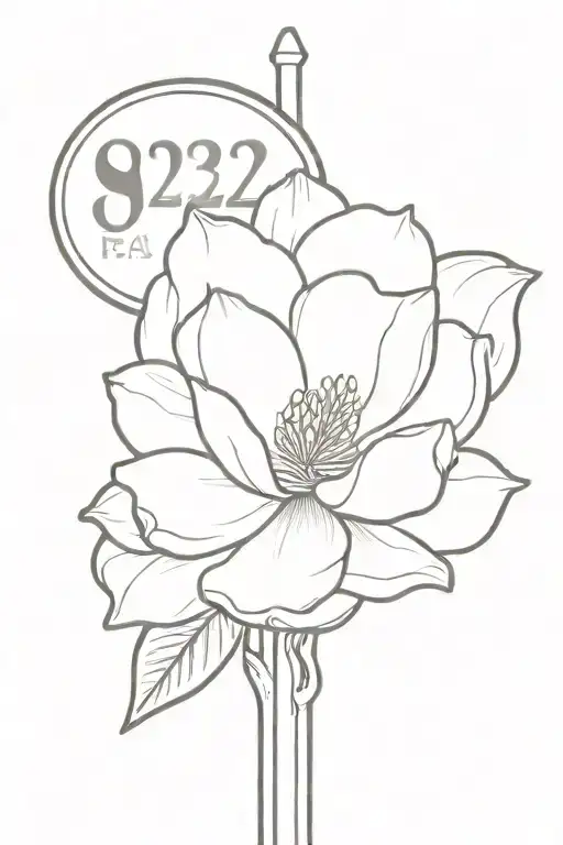 A minimalist tattoo of a magnolia flower blooming on a street sign that says '922 Florida St.  tattoo design idea