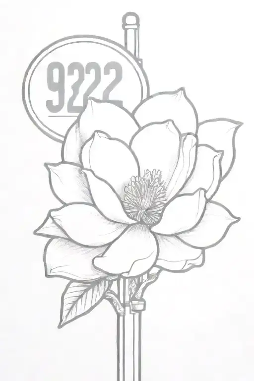 A minimalist tattoo of a magnolia flower blooming on a street sign that says '922 Florida St.  tattoo design idea