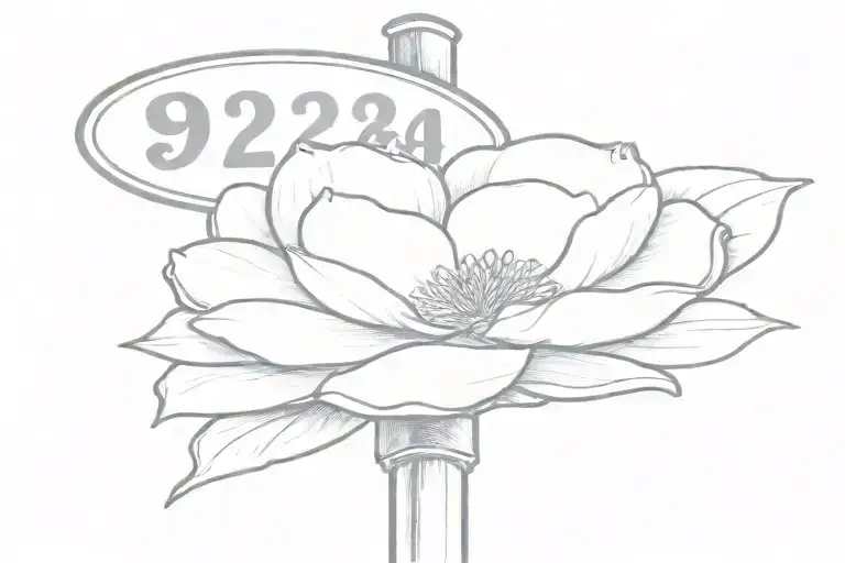 A minimalist tattoo of a magnolia flower blooming on a street sign that says '922 Florida St.  tattoo design idea