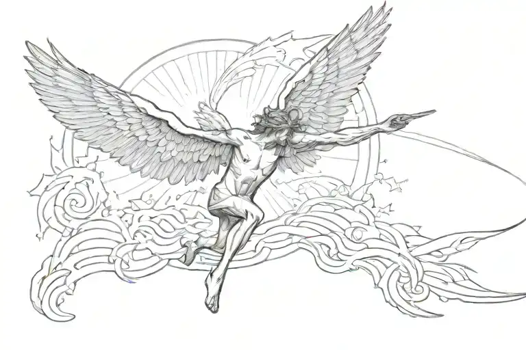 icarus falling from the sun with long rays shining tattoo design idea