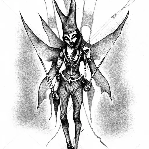 Demonic jester in full height thin tattoo design idea