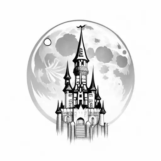 vampire castle with a moon in the background tattoo design idea