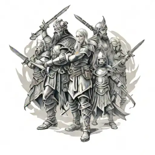A scene depicting a family reunion in Valhalla, with Nordic warriors and Valkyries, in a black-grey style tattoo design idea