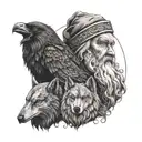 A portrait of Odin with his wolves and ravens, symbolizing family and nordic mythology tattoo design idea