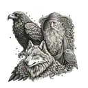 A portrait of Odin with his wolves and ravens, symbolizing family and nordic mythology tattoo design idea
