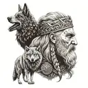 A portrait of Odin with his wolves and ravens, symbolizing family and nordic mythology tattoo design idea