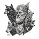 A portrait of Odin with his wolves and ravens, symbolizing family and nordic mythology tattoo design idea