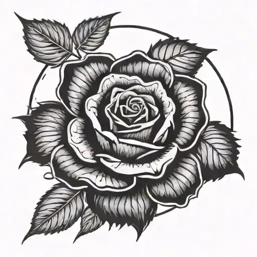 a beautiful luminous black rose radiating red light from the center, surrounded by rose foliage on a black background in tattoo design idea