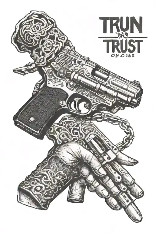 ski mask gun and trust no one hand tattoo design idea