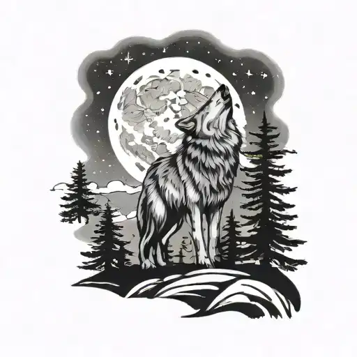 wolf howling up at moon and stars  with pine tress  tattoo design idea