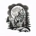 wolf howling up at moon and stars  with pine tress  tattoo design idea