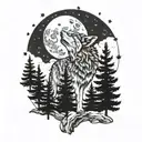 wolf howling up at moon and stars  with pine tress  tattoo design idea
