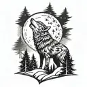 wolf howling up at moon and stars  with pine tress  tattoo design idea