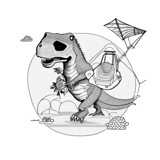 t. rex with flowers and basketball flying a kite and a car tattoo design idea