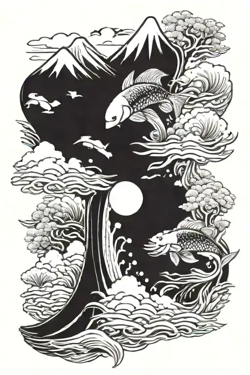 mount fuji background with ying yang koi fish with splashing water tattoo design idea