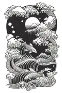 mount fuji background with ying yang koi fish with splashing water tattoo design idea