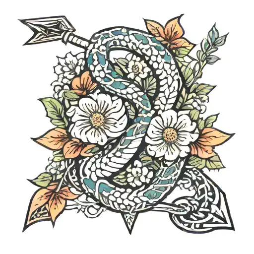arrow snake wrapped with flowers intertwined tattoo design idea