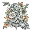 arrow snake wrapped with flowers intertwined tattoo design idea