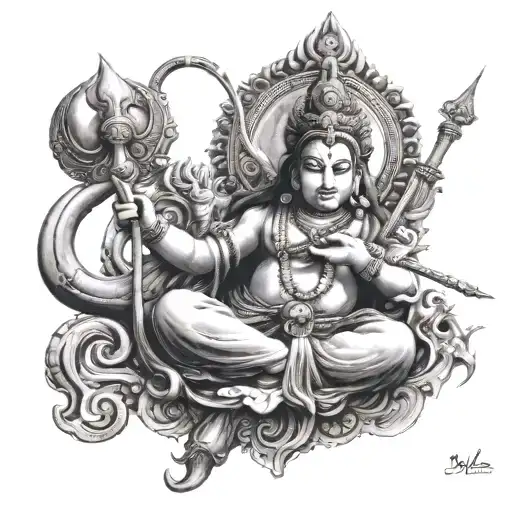 I want to include Lord Shiva's trishul, Om, and damru, along with an image of Maa Durga and a motif of Lord Ganesha.  tattoo design idea