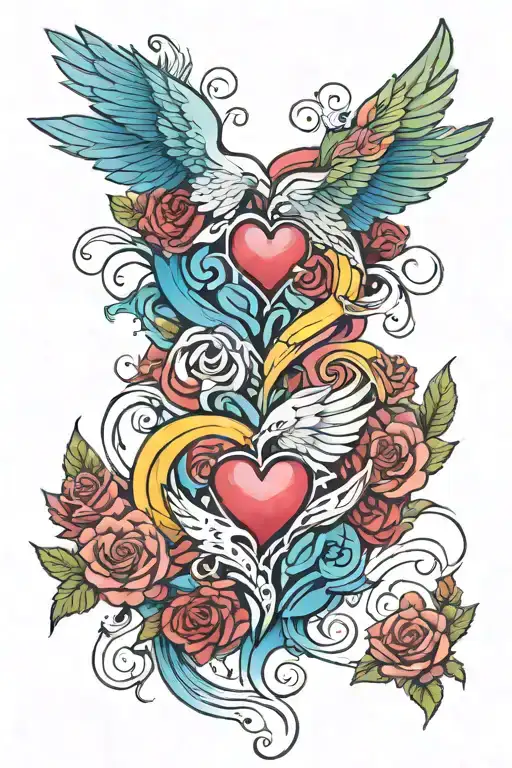 rainbow infinity, blue bird wings, two connected hearts, heart simi colon, two hearts, flaming rose, open book tattoo design idea