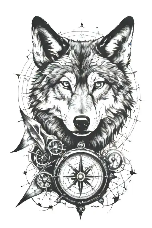 wolf eyes and broken compass surrounded tattoo design idea