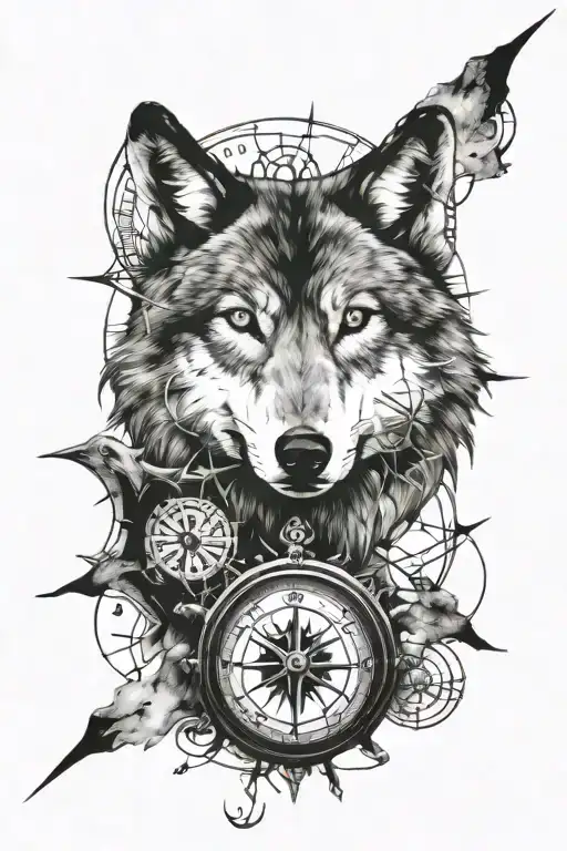 wolf eyes and broken compass surrounded tattoo design idea