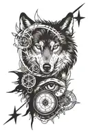 wolf eyes and broken compass surrounded tattoo design idea