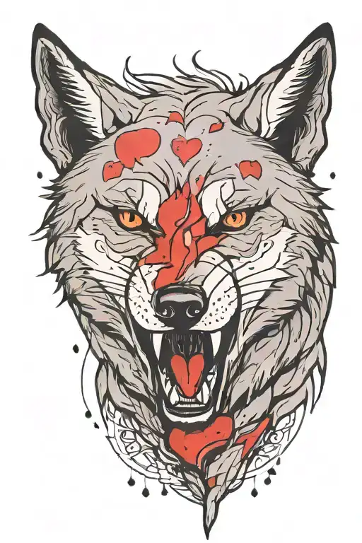 alone wolf with angry face with black and little red color with broken heart tattoo design idea