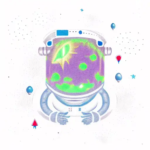 A new-school style astronaut floating in space, holding a magic wand that shoots out energy drink streams tattoo design idea