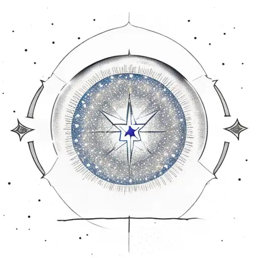 A traditional style telescope pointing towards a star-filled sky, with a mystical coffee mug at the base and energy drink constellations forming above tattoo design idea