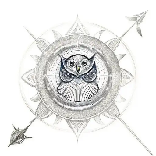 a owl holding a wind rose and a viking compass tattoo design idea