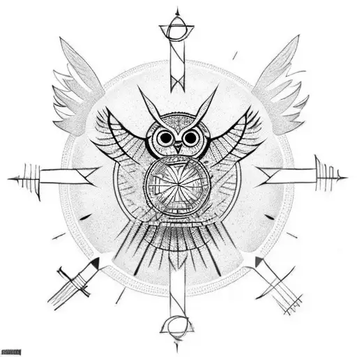 a owl holding a wind rose and a viking compass tattoo design idea