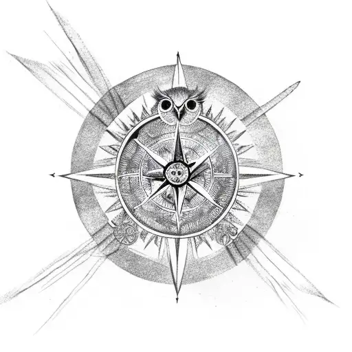 a owl holding a wind rose and a viking compass tattoo design idea