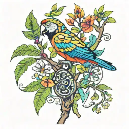 A colorful tattoo design featuring a parrot, chameleon & monkey swinging from tree branches together with a zebra tattoo design idea