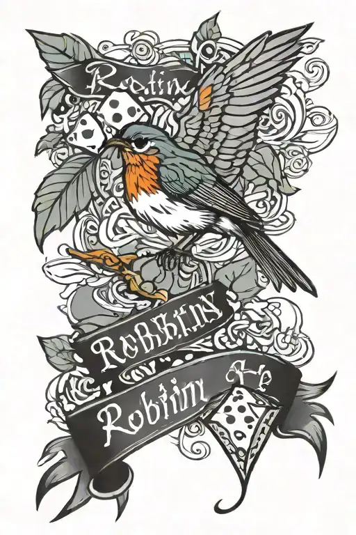 "Robin" script, robin in flight, 2 dice showing 4 and 1 tattoo design idea