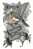 "Robin" script, robin in flight, 2 dice showing 4 and 1 tattoo design idea