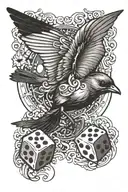 "Robin" script, robin in flight, 2 dice showing 4 and 1 tattoo design idea
