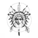 Tattoo of red indian women with feather hat and wolf compass dreamcatcher  tattoo design idea