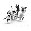 A pack of playful dogs running through a field, captured in a black-grey style tattoo design idea