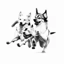 A pack of playful dogs running through a field, captured in a black-grey style tattoo design idea