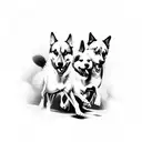 A pack of playful dogs running through a field, captured in a black-grey style tattoo design idea