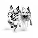 A pack of playful dogs running through a field, captured in a black-grey style tattoo design idea