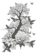 Japanese cherry blossom tree and paper cranes silhouetted tattoo design idea