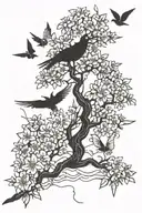 Japanese cherry blossom tree and paper cranes silhouetted tattoo design idea
