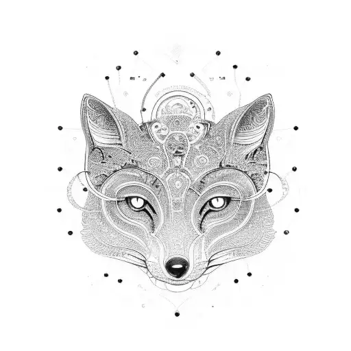 An intricate circuit board design with a fox surrounded by magical symbols tattoo design idea
