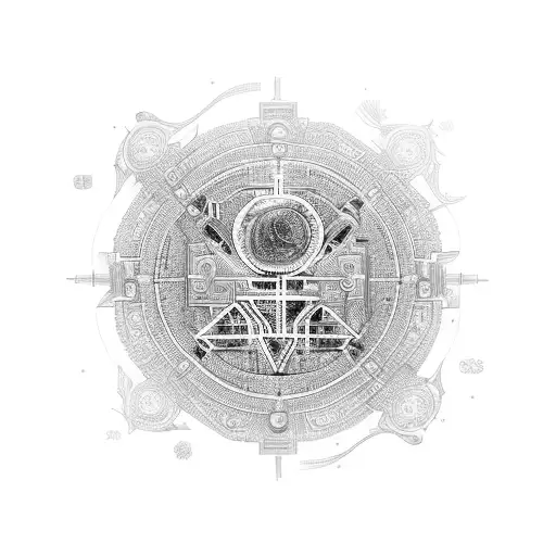 An intricate circuit board design surrounded by magical symbols tattoo design idea