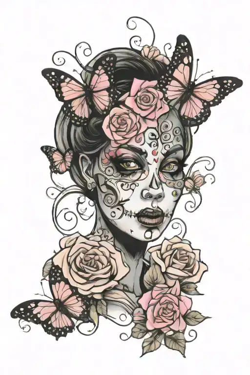 a women ghost face with pink roses and butterflies tattoo design idea