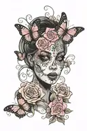 a women ghost face with pink roses and butterflies tattoo design idea